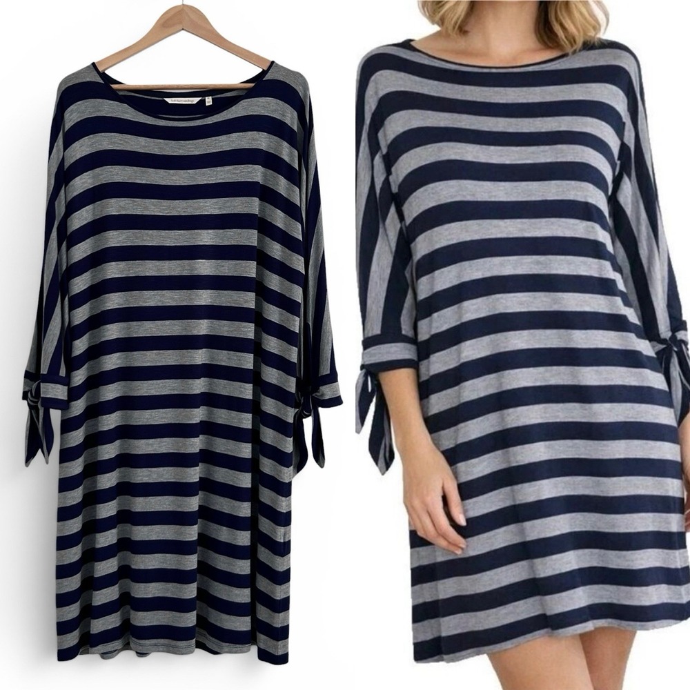 Soft Surroundings Women XL Blue Gray Multicolor 3/4 Tie Sleeve Adrift Dress NWOT